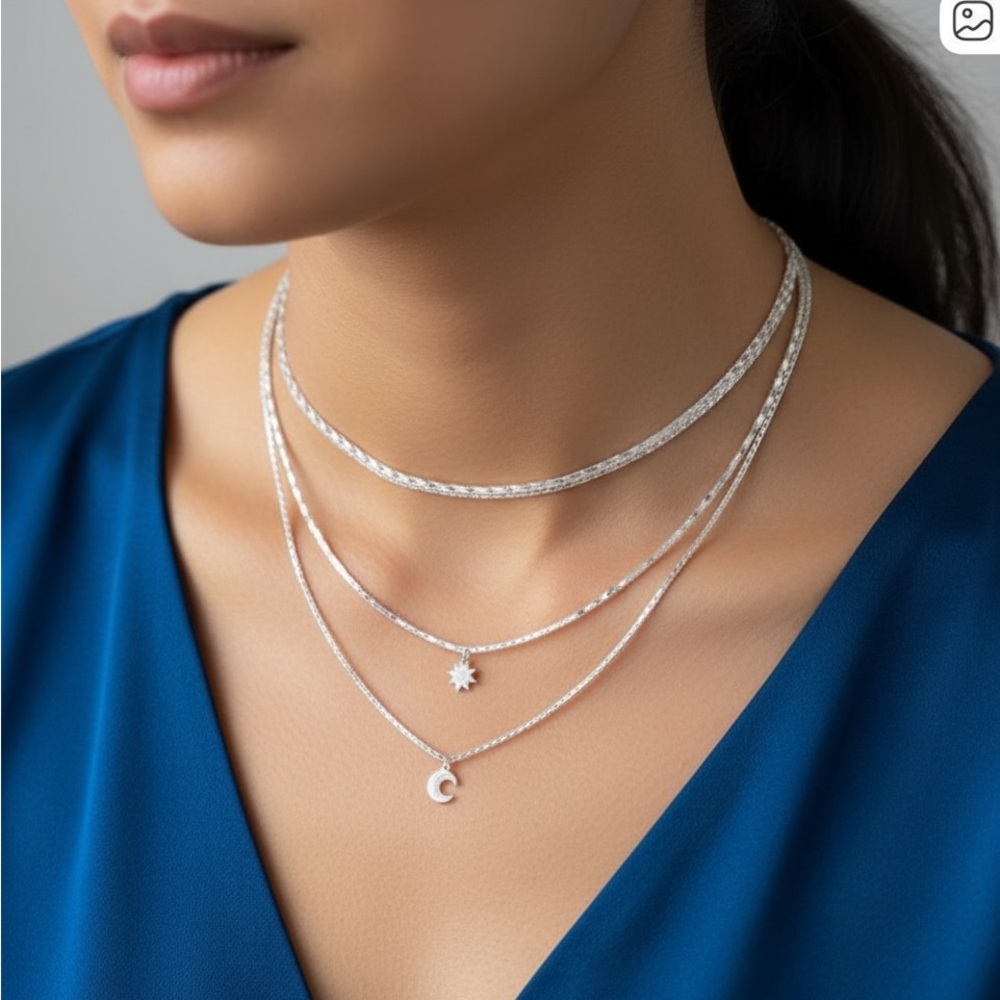 CZ Moon and Star Silver Plated layered necklace. New.